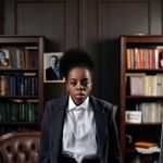 Professional African American woman in business attire standing confidently in an office environment.